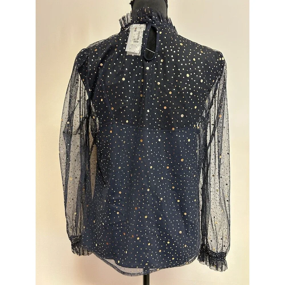 J.Crew Womens S Top Navy Blue Gold Foil Polka Dot Sheer Mesh with Camisole